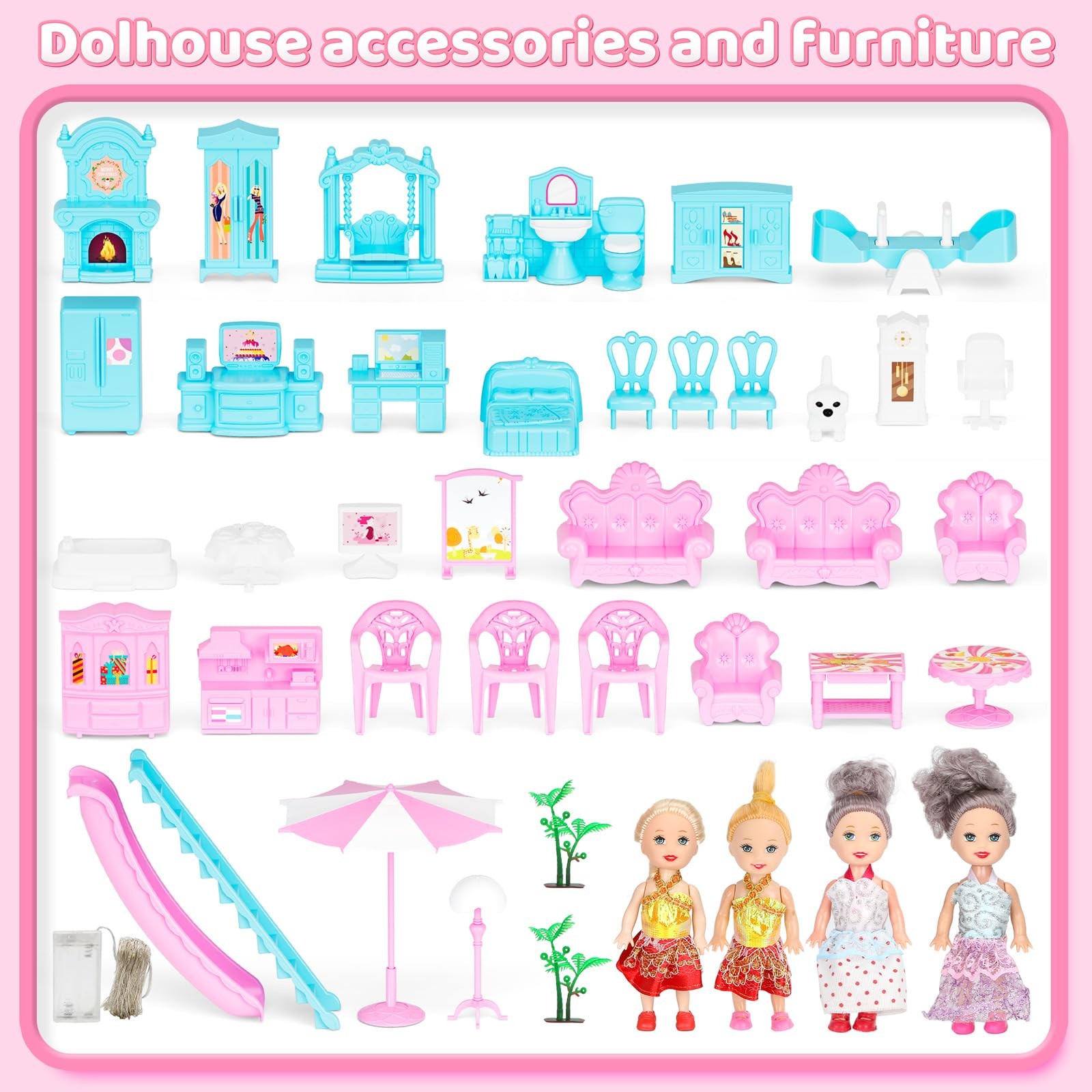 5-Story Dream Doll House for Girls with 19 Rooms, Lights, Dolls, Large, Pink 