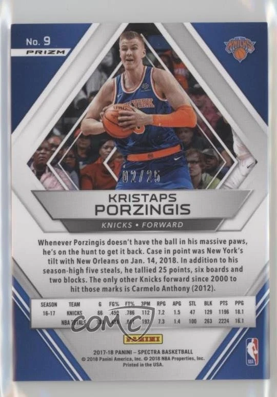 2017-18 Panini Spectra Neon Pink Prizm /25 Kristaps Porzingis #9 - Image 2 of 2