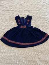 Vintage Toddler Girls 2T Navy Corduroy Plaid Bow Heart Pinafore Jumper Dress