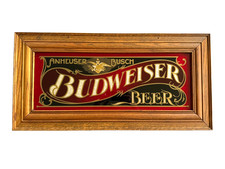 Vintage Glass Anheuser Busch Budweiser Beer Framed Bar Sign Hensley Co 1970's