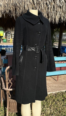 MACKAGE BLACK WOOL LEATHER BELT & POCKET TRIM DETAILS CASUAL OVER COAT Sz S/P