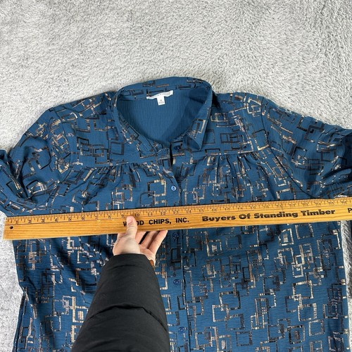 Notations Woman Women's Long Sleeve Button Up Blouse 1X Turquoise Geometric - Picture 10 of 15