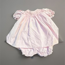 Vintage Petit Ami Girls Pink Cotton Smocked Fit Flare Dress Set Newborn