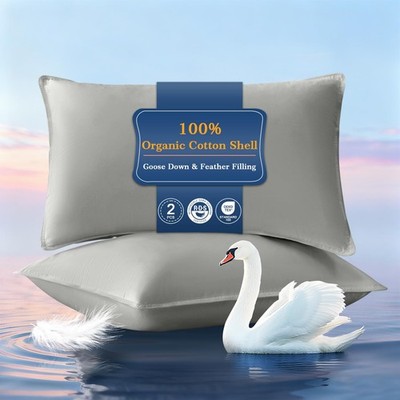 Goose Feather Down Pillows Queen Size Set of 2, Ultra Soft 100% Organic Cotto...