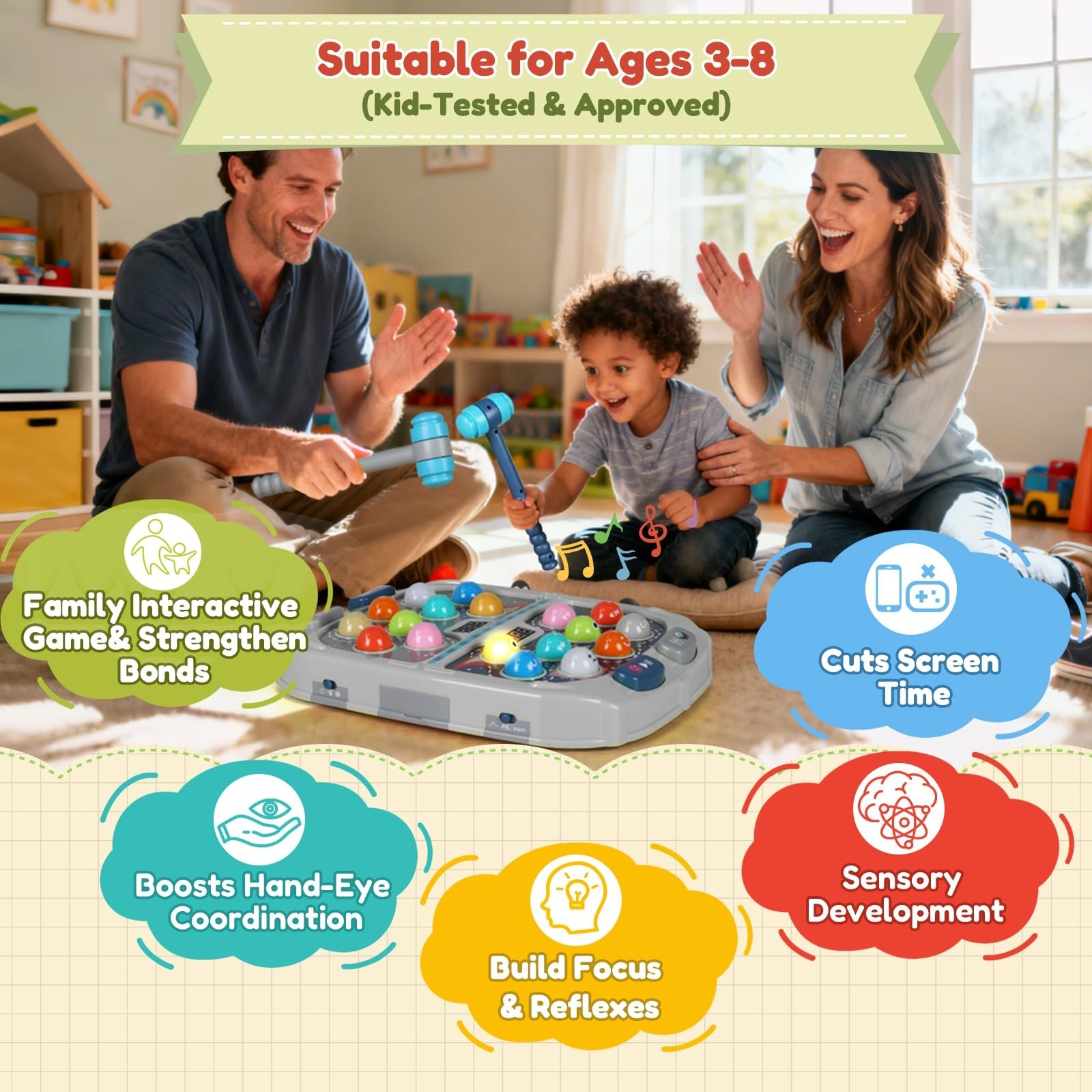 2-Player Whack Game Mole - Toys for Age 3-12 Kids,2 Hammers,3 Modes with Soun...