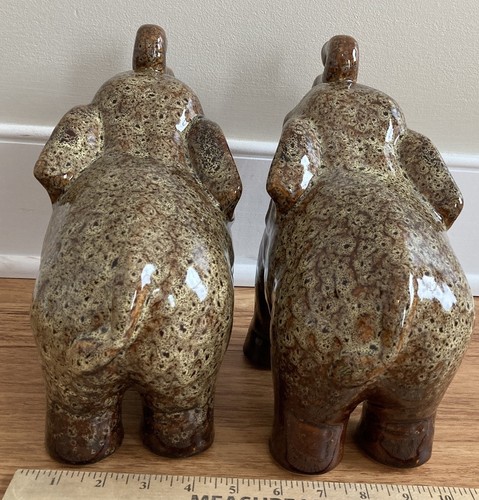 Figurine Pair of Elephants Ceramic Trunk Up brown tones Good Luck Love - Picture 9 of 13