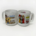 Set Of 2 Vintage Glasbake Milk Glass Coffee Tea Mugs Humor Funny Graphic 10 Oz