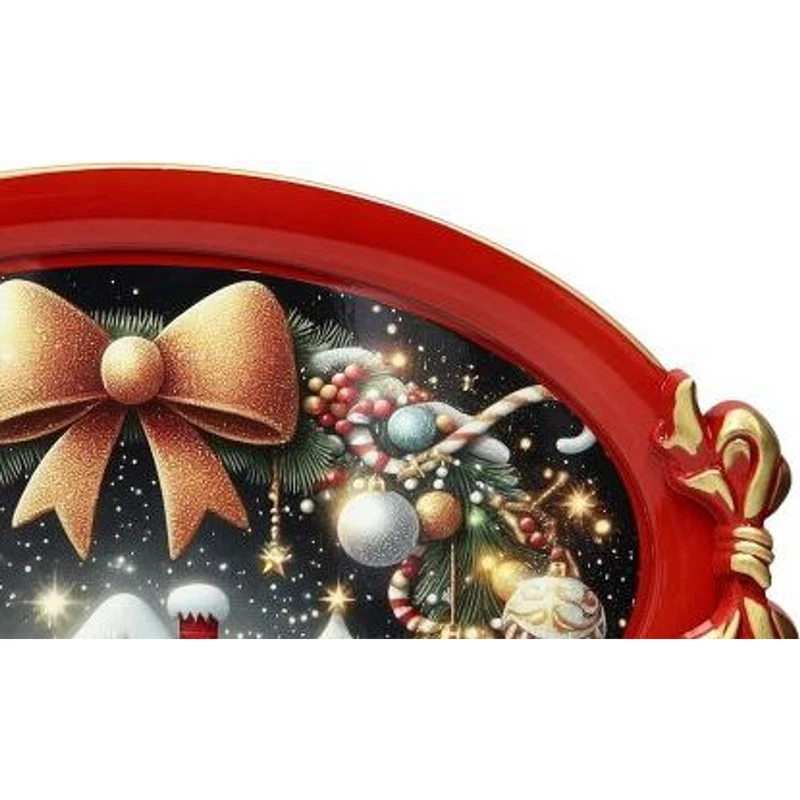 Vassoio Ovale 50x30 cm BRANDANI Christmas Rosso Natale Manici a Fiocco, fotografia 3 di 9