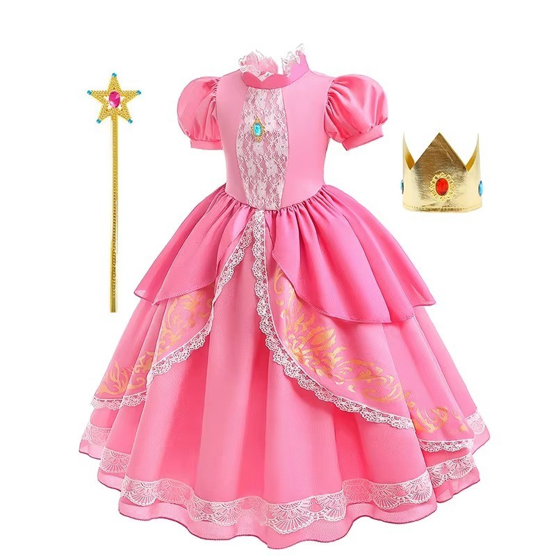 Niñas Princesa Vestido de Encaje Rosa Manga Abullonada Vestido de Fiesta Niños 4-8 años Reino Unido