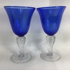 Pair Of Artland Iris Slate Blue Bubble Seeded Glass Water Goblets 8” 8oz