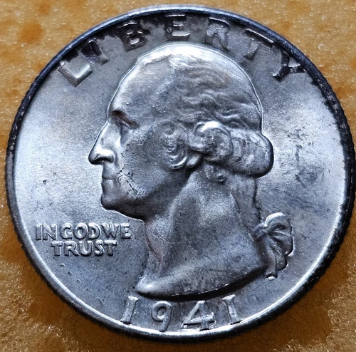 1941 D Washington Quarter 25C Silver Coin UNC With Some Dark Toning