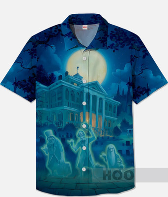 Nostalgic Anime Blue Night Ghosts And Haunted Castle Printing Breast Pocket Shor