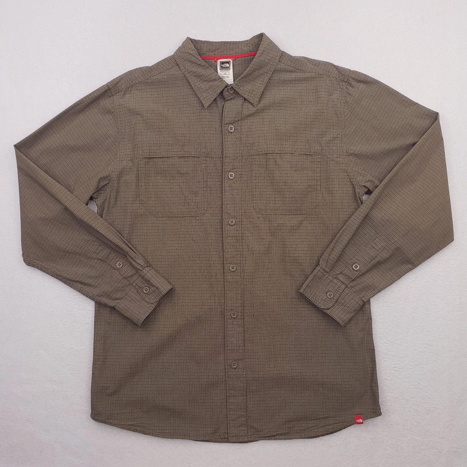 North Face Shirt Mens Large Green Check Plaid Button Up Outdoor Camp Cabin Hike