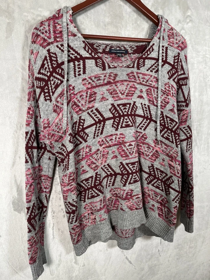 Suéter American Eagle Para Mujer S Gris Granate Rosa Azteca Suroeste Boho Con Capucha Foto 2 de 4