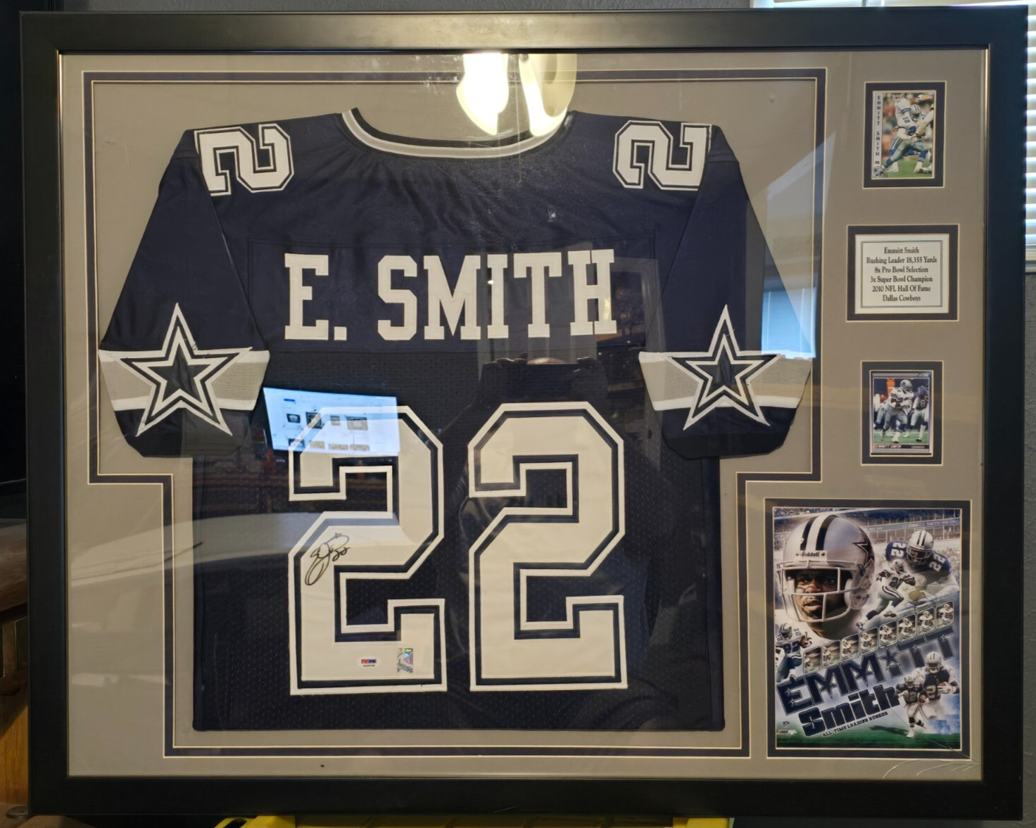 Emmitt Smith Autographed & Framed Blue Cowboys Jersey with Cards PSA/DNA 40"x32"