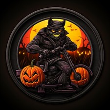 Halloween Patch Iron-on Applique Cat on Motorcycle Pumpkin Spooky Decorative