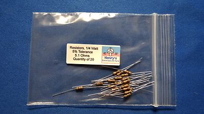 Resistors, carbon film, 1/4 watt, 5%, axial leaded, 5.1 Ohm - QTY of 20