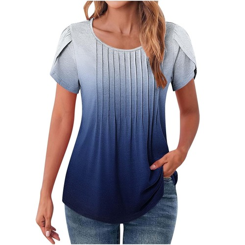 Women Fashion Petal Sleeves Crewneck Tunic Blouses Gradient Summer Tees Shirts - Picture 4 of 38