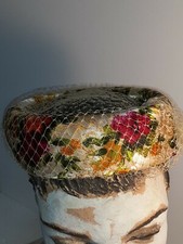 MID CENTURY MILLINERY FLORAL PATTERN FABRIC  NET LADYS HAT approx 7" across