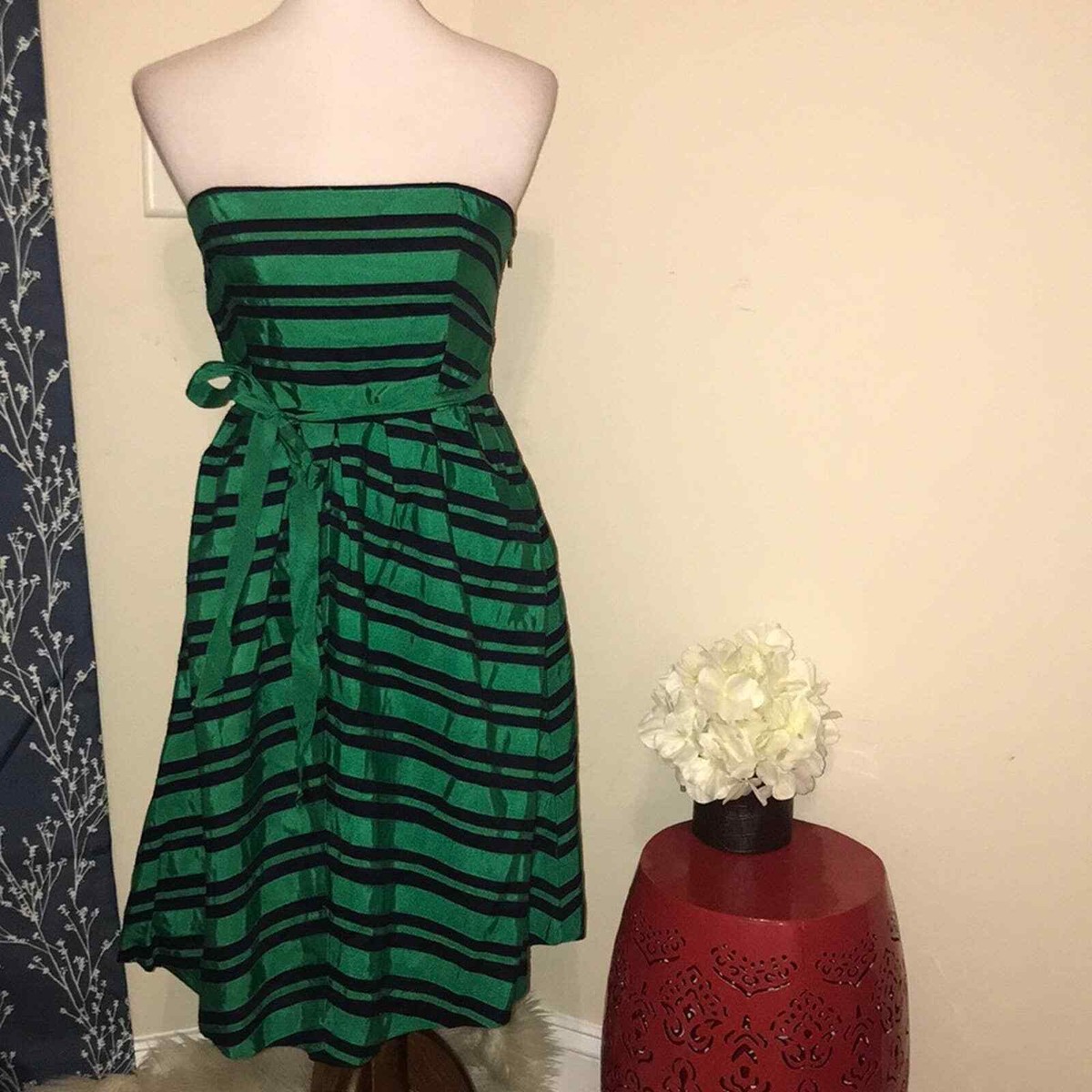 green striped strapless dress A-line Spaghetti Straps Pleated Tulle Prom Dress, Green / 18 main image 1