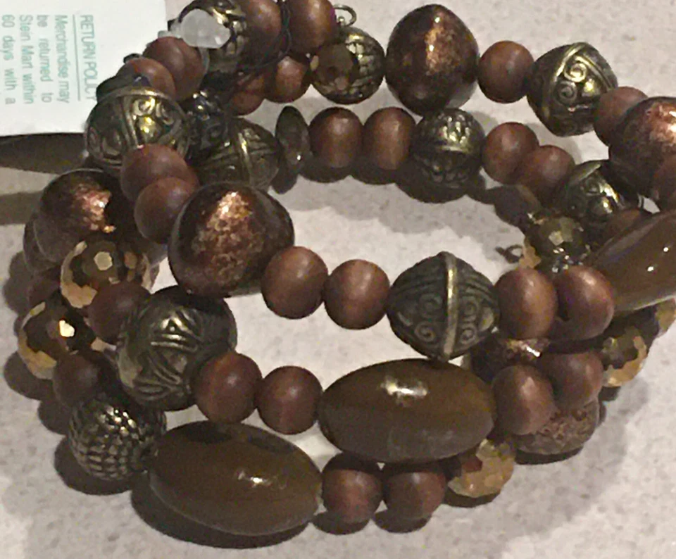 Birch Hill New Brown Beads Wood Gold 3 Coil Cuff Wrap Bracelet Made in USA Tags - Image 3 of 4