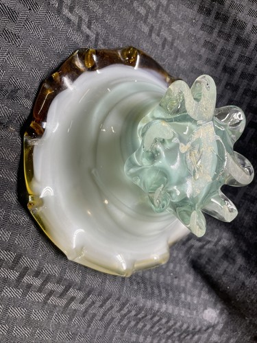 Vintage Hand Blown Glass Base Bowl Ruffle Swirl Heavy Pedestal Gold White Clear - Picture 15 of 17