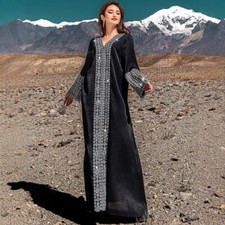 V-neck Rhinestone Abaya Long Maxi Dress Evening Kaftan Cocktail Party Dresses