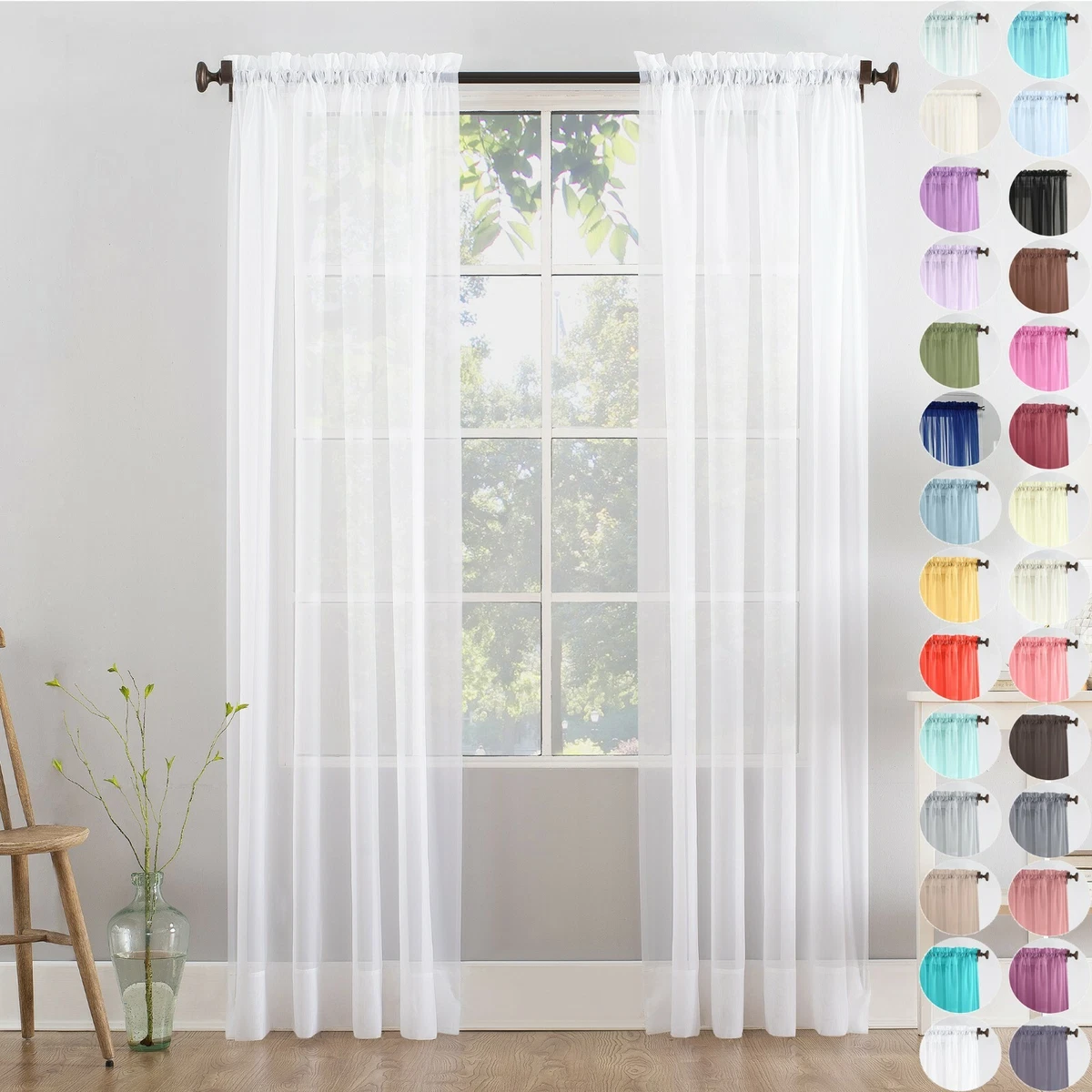 A pair of high quality Voile Curtain 2 Panels Slot Top solid sheer tie backs