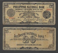 1941 PHILIPPINES EMERGENCY WWII GUERILLA BANKNOTE 20 PESOS CEBU P-S218 USED FINE