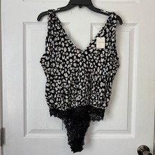 Free People Black and White Leopard Print Bodysuit Women's Size M Lace Bottom