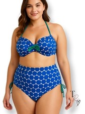 Pour Moi Hot Spots Halter High Waisted Bikini Swimsuit Blue/White UK 36E  UK 16