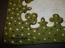 Vintage TAMMIS KEEFE Green  White Ladies Handkerchief Hanky Hand Rolled Hem