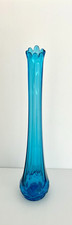 Vtg 15” LE Smith Dominion Diamond Butt 8-Petal Blue MCM Glass Swung Vase NICE