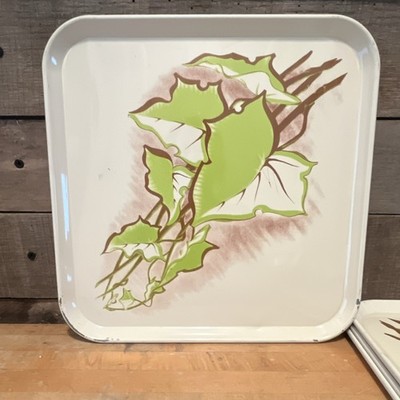 Set of 5 Vintage Metal Serving Trays Rectangle Leaf Pattern White Green Brown
