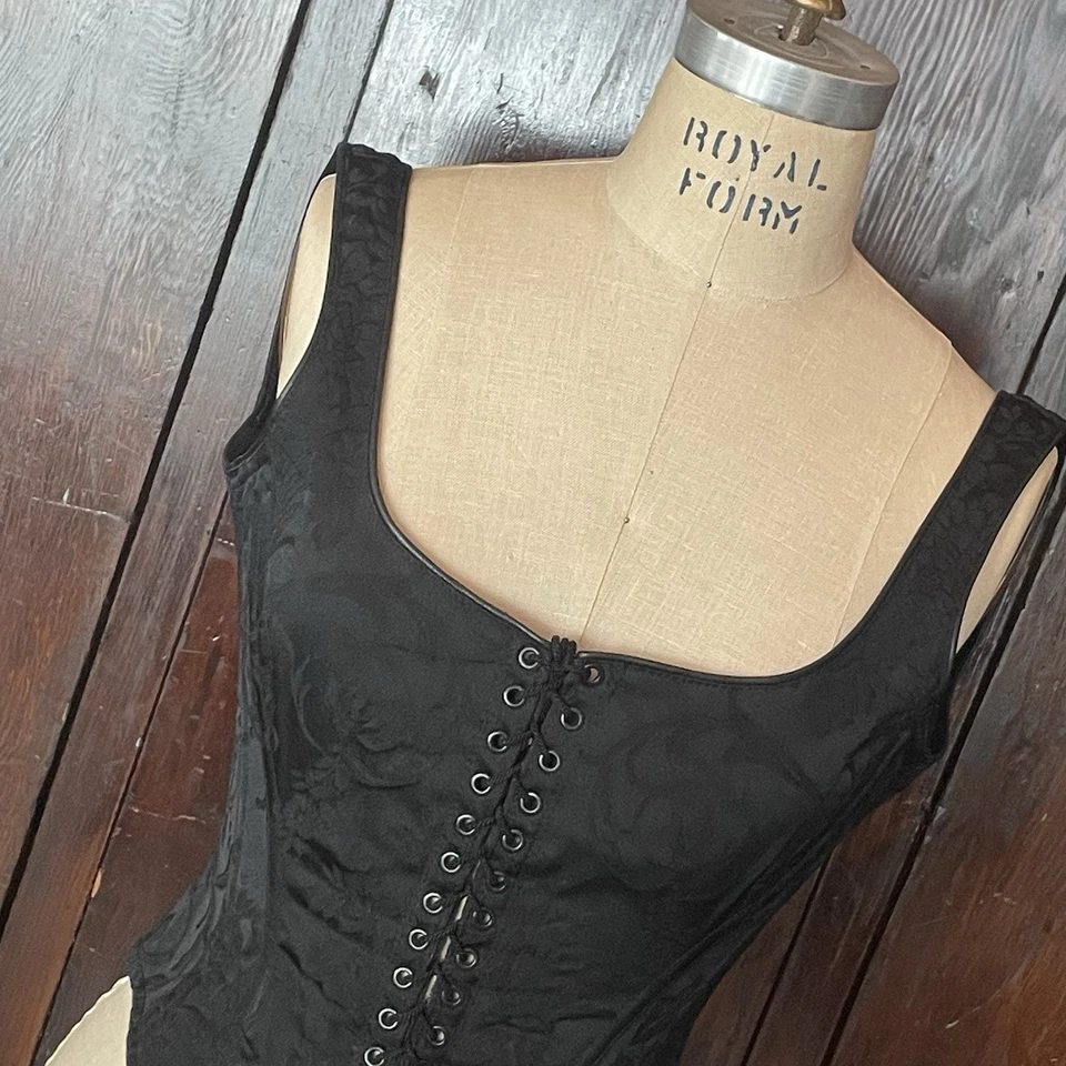 Vintage 90s Black Jaquard Lace Up Corset Top Extra Small Goth Glam - Image 2 of 4