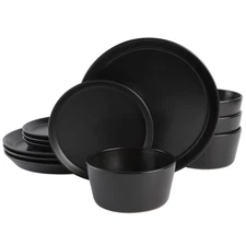 Sofia Coupe 12-Piece Stoneware Dinnerware Set, Service for 4 – Black Plates a...