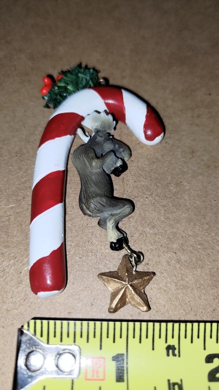 Moose And Star Hanging From Candy Cane Ornament.  Big Sky Carver?