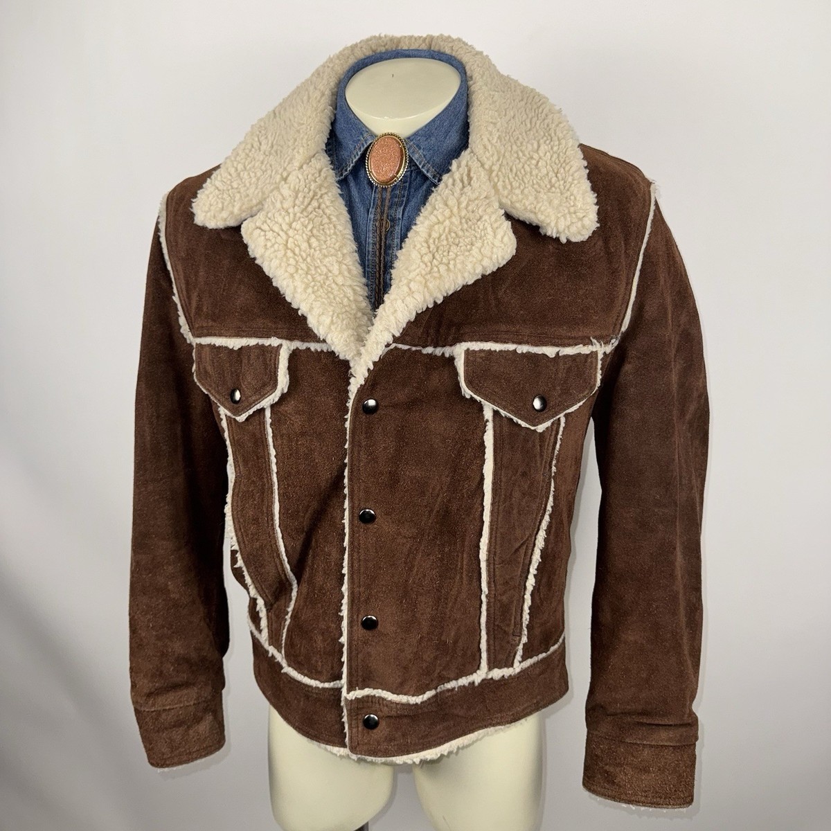 Vintage Sears Coat Mens Suede Leather Sherpa Jacket 70s Trucker