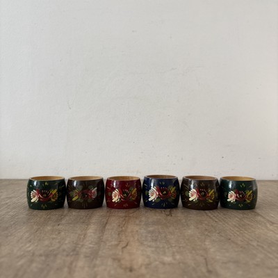 Vintage rustikaler Stil handbemalt Blumen Holz Serviettenringe x6 Tischdeko