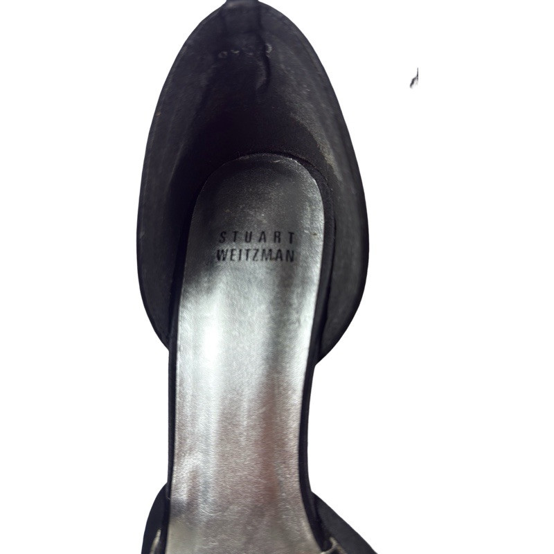 Stuart Weitzman Black Satin Lace Pattern Open Toe Pumps Heels Size 8 Spain