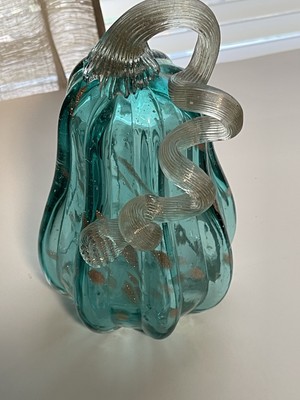 Art Glass Pumpkin Gourd Squash Teal & Gold Splash w/Gold Shimmer Stem