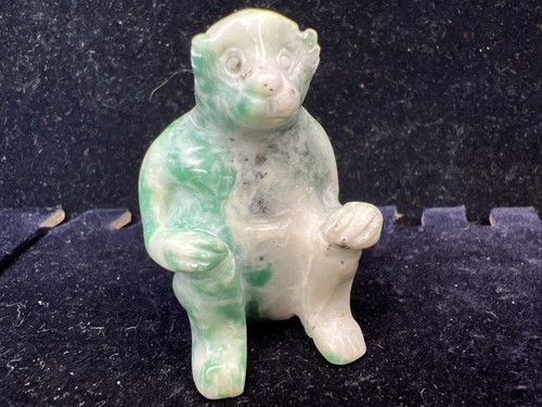 Hand Carved Green & White Jade/ Hard-stone Monkey 1 3/4”
