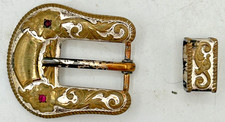 Vintage Crumrine Western Belt Buckle Heavy Silver Plate On Jewelers Bronze 2pc