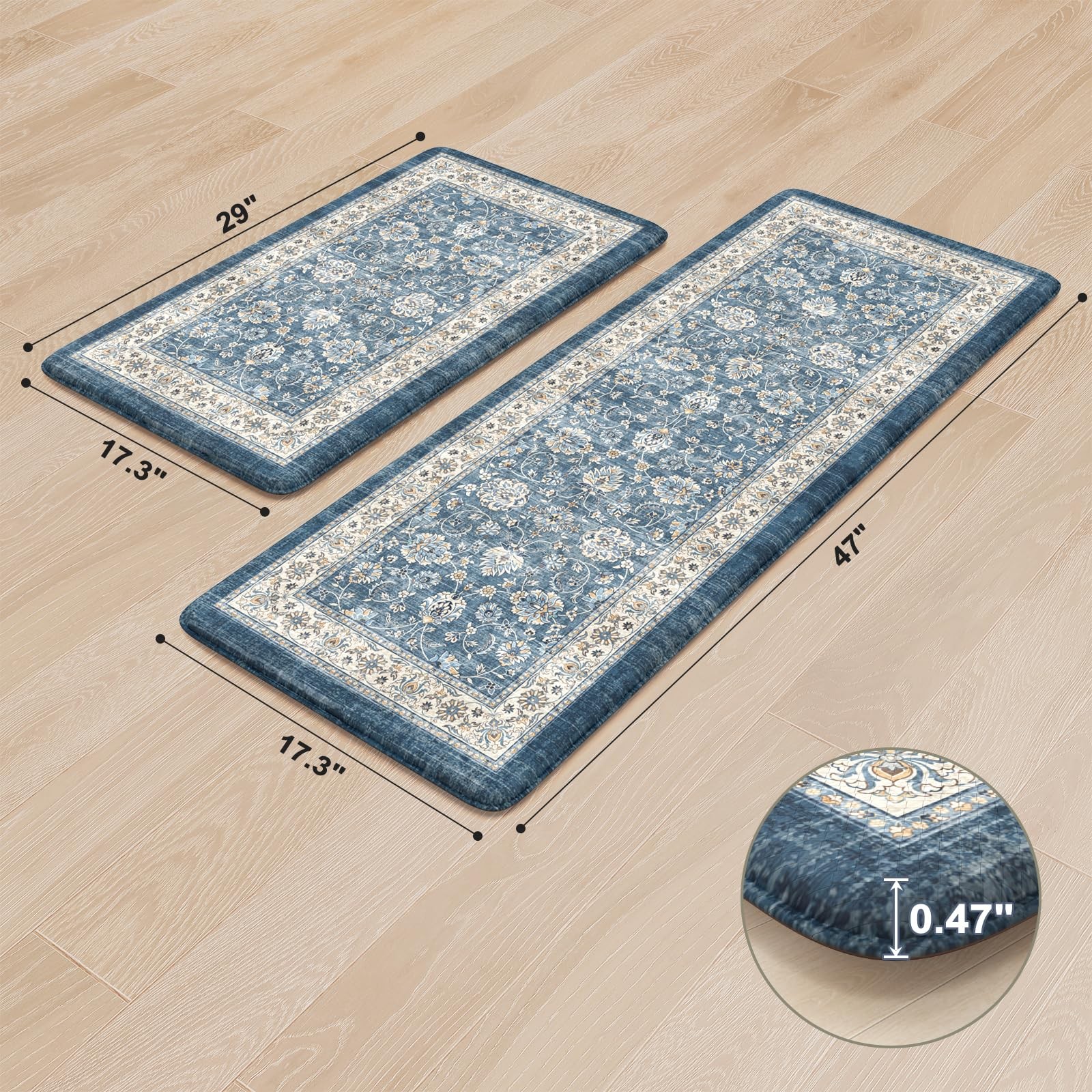 Anti Fatigue Kitchen Mats 17.3" x 47"+17.3" x 29", Boho Blue Kitchen Rugs Set...