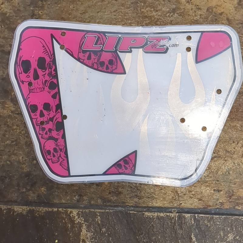 LIPZ BMX Number Plate White Pink Skull Flame Plastic Accessory