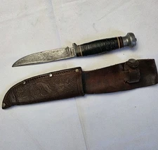 Vintage KINFOLKS USA 315 Fixed Blade Knife Stacked Leather Handle Leather Sheath