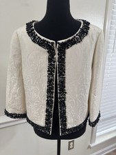 TALBOTS WMN SUMMER WHITE JACQUARD BLACK BEAED LINED JACKET BLAZER TOP