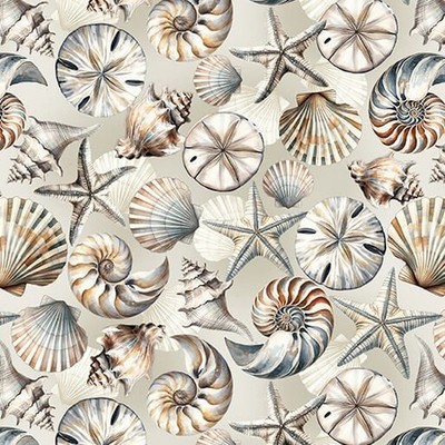 20x110cm Maritime Muster mit Muscheln und Schrift, Patchworkstoff, Meterware