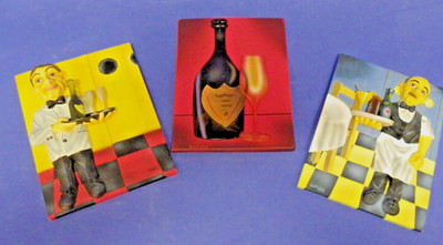 Set of 3 Will Rafuse Wall Art Plaques 3D Resin Wine Waiter Sommelier 8x6 Signed