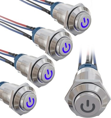 12mm Latching LED Push Button Switch Mini Round Silver Shell Pre Wired Power